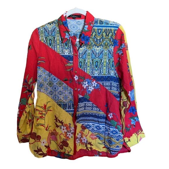 Calessa Womens Size Petite Small Multicolor Paisley Floral Boho Artsy Button Top - Picture 1 of 7